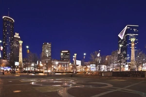 USA, Georgia, Atlanta. Twilight view of Centennial Olympic Park