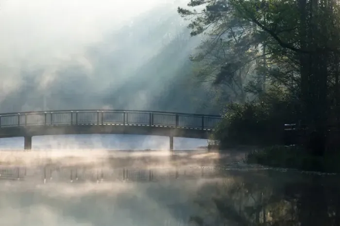 Framed Print : USA, Georgia, Callaway Gardens. Sunlit mist on bridge over lake. Credit as: Nancy Framed Print : USA, Georgia, Callaway Gardens. Sunlit mist on bridge over lake. Credit as: Nancy