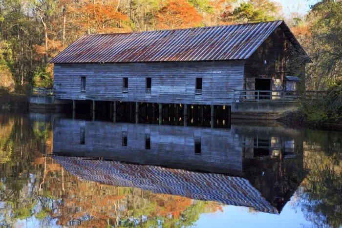 Framed Print : USA, Georgia, Covered bridge and grist mill in the fall Framed Print : USA, Georgia, Covered bridge and grist mill in the fall