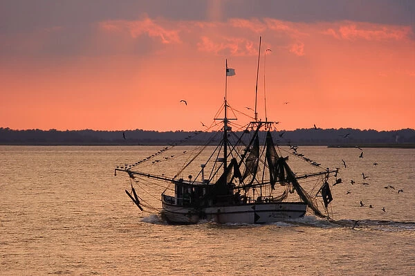 USA; Georgia; Jykell Island. Shrimp boat at sunset