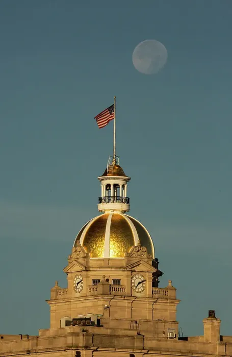 Framed Print : USA, Georgia, Savannah. Moon setting over gold dome at City Hall Framed Print : USA, Georgia, Savannah. Moon setting over gold dome at City Hall
