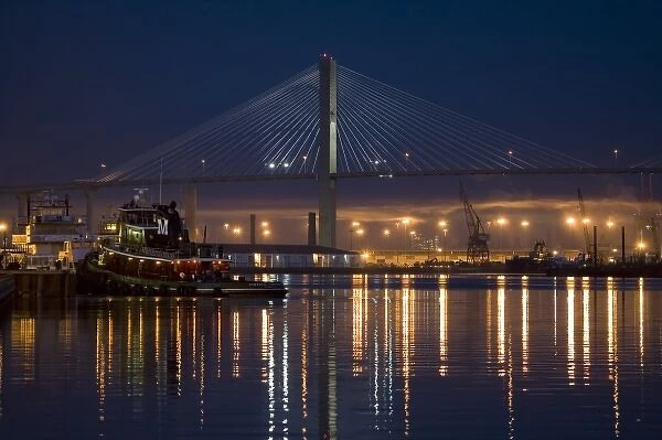 USA; Georgia; Savannah. Savannah Harbor and Talmadge Memorial Bridge at dawn