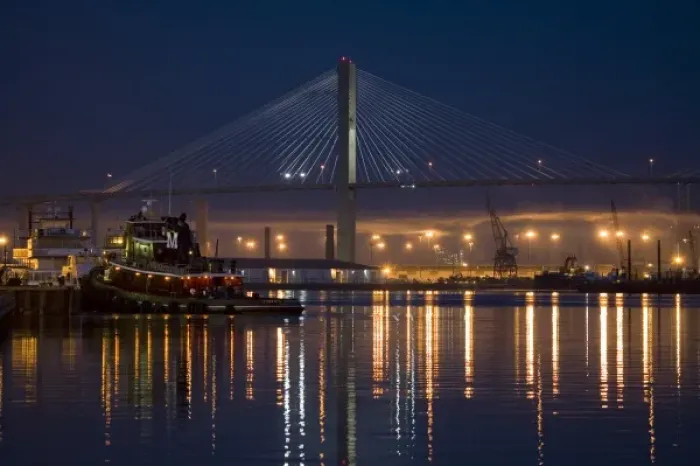 Framed Print : USA; Georgia; Savannah. Savannah Harbor and Talmadge Memorial Bridge at dawn Framed Print : USA; Georgia; Savannah. Savannah Harbor and Talmadge Memorial Bridge at dawn