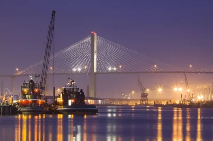 Framed Print : USA, Georgia, Savannah, Talmadge Memorial Bridge and tug boats on the Savannah River Framed Print : USA, Georgia, Savannah, Talmadge Memorial Bridge and tug boats on the Savannah River