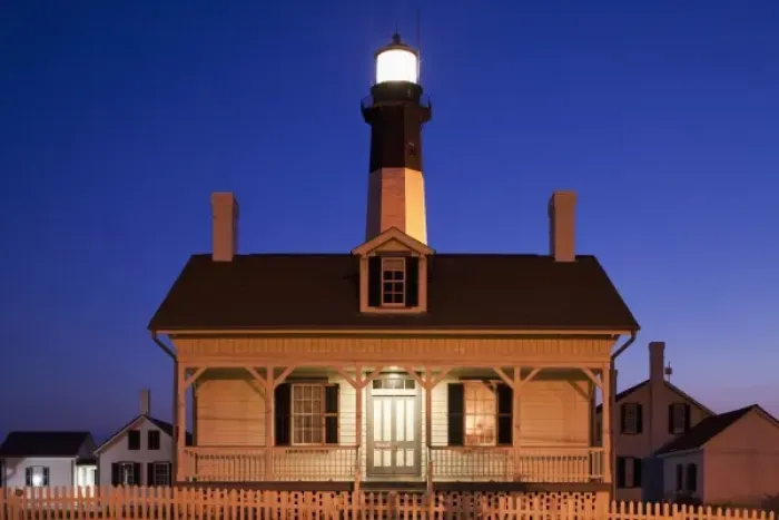 Framed Print : USA, Georgia, Tybee Island, Tybee Lighthouse at dusk on summer evening