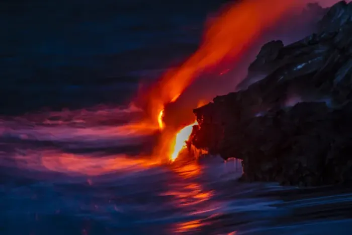 Framed Print : USA, Hawaii, The Big Island, Kilauea. Molten lava flowing into ocean at night. Credit as Framed Print : USA, Hawaii, The Big Island, Kilauea. Molten lava flowing into ocean at night. Credit as