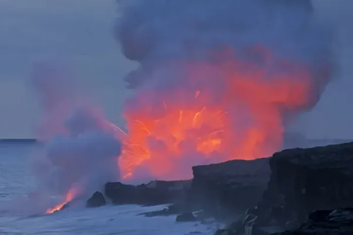 Framed Print : USA, Hawaii, Hawaii Volcanoes National Park. Lava explodes as it runs into ocean Framed Print : USA, Hawaii, Hawaii Volcanoes National Park. Lava explodes as it runs into ocean