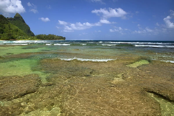 USA, Hawaii, Kauai. Bali Hai or Makana Mountain is seen from Tunnels Beach. Credit as