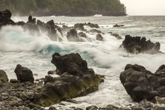 Framed Print : USA, Hawaii, Laupahoehoe Beach Point State Park. Crashing waves on shore rocks. Credit as Framed Print : USA, Hawaii, Laupahoehoe Beach Point State Park. Crashing waves on shore rocks. Credit as