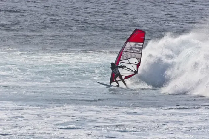 Framed Print : USA, Hawaii, Maui, Hookipa Beach Park. Man windsurfing in front of wave. Credit as Framed Print : USA, Hawaii, Maui, Hookipa Beach Park. Man windsurfing in front of wave. Credit as