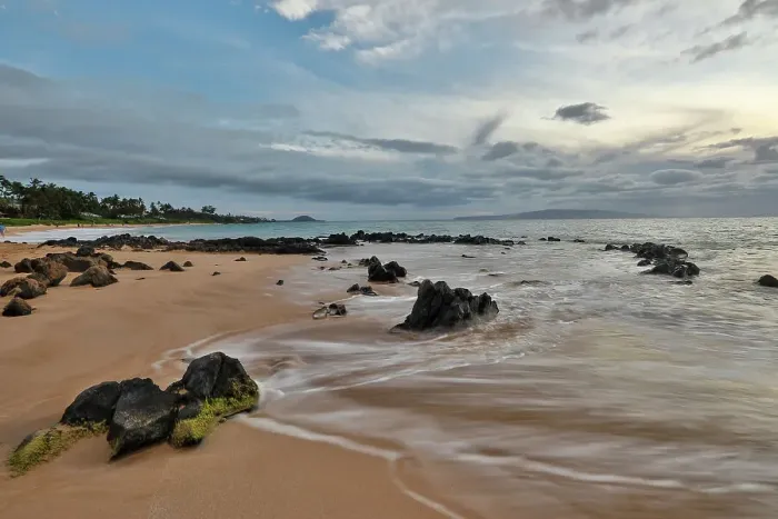 Framed Print : USA, Hawaii, Maui. Keawakapu Beach and the white sands and wave movement over lava rocks evening light Framed Print : USA, Hawaii, Maui. Keawakapu Beach and the white sands and wave movement over lava rocks evening light