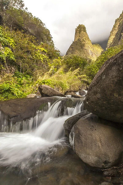 USA, Hawaii, Maui, West Maui Mountains. Scenic of landmark Iao Needle and cascade in stream