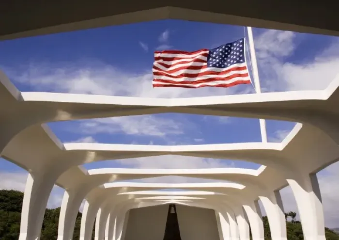 Framed Print : USA, Hawaii, Oahu. American flag flies at half-mast over USS Arizona National Memorial Framed Print : USA, Hawaii, Oahu. American flag flies at half-mast over USS Arizona National Memorial