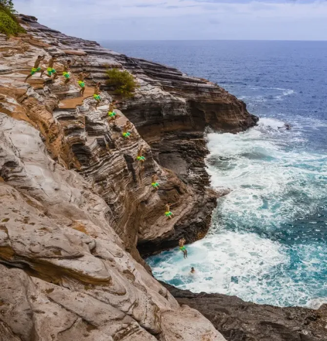 Framed Print : USA, Hawaii, Oahu, Honolulu. Multiple exposure stop action photo of jump off cliff Framed Print : USA, Hawaii, Oahu, Honolulu. Multiple exposure stop action photo of jump off cliff