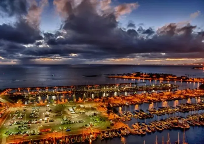 Framed Print : USA, Hawaii, Oahu, Honolulu. Sunset on the Waikiki Marina Resort