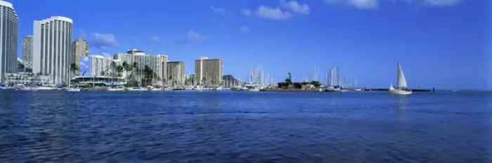 Framed Print : USA, Hawaii, Oahu, Honolulu. Waikikis shoreline is punctuated by bright buildings
