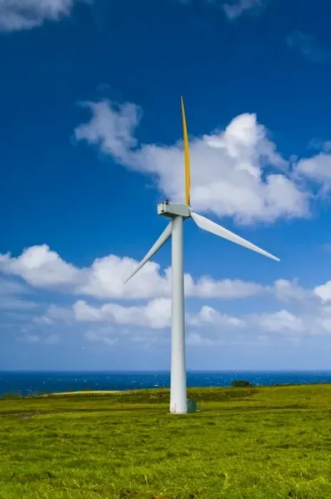 Framed Print : USA, Hawaii. Single windmill with Pacific Ocean and puffy clouds in background