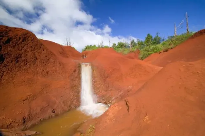 Framed Print : USA, HI, Kauai, Waimea, Waimea Canyon, Small Waterfall in Red Earth