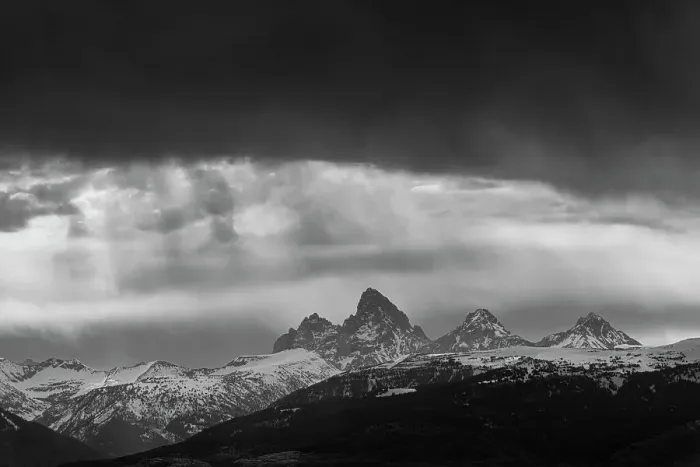 Framed Print : USA, Idaho. Black and White landscape of Virga clouds and view of Teton Mountains from the west Framed Print : USA, Idaho. Black and White landscape of Virga clouds and view of Teton Mountains from the west