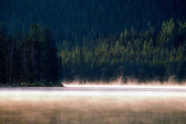 USA, Idaho, Sawtooth National Recreation Area, Early morning mist rising from Stanley