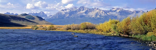 USA, Idaho, Sawtooth NRA. The Salmon River courses wide and azure before the rugged
