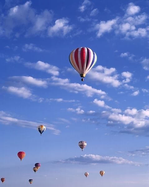 USA, Idaho, Teton Valley. Brightly-colored hot-air balloons soar in the summer sky