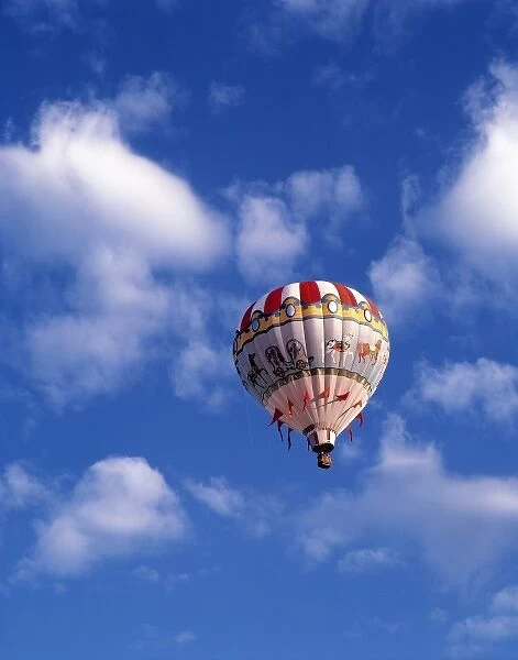 USA, Idaho, Teton Valley. A colorfully detailed hot-air balloon rises above Teton Valley, Idaho