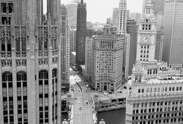 USA, IL, Chicago, Loop from Hotel Inter-Continental. Tribune Tower and Wrigley Building