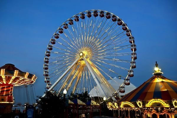 USA, Illinois, Chicago, Cityscapes, Lighted Ferris Wheel and other Rides after dark