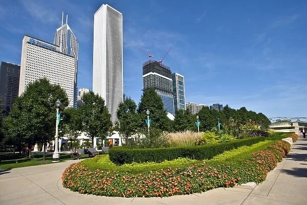USA, Illinois, Chicago, Cityscapes, Flowered Walkway through Millennium Park framed