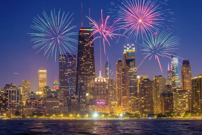 Framed Print : USA, Illinois, Chicago. Composite of downtown skyline and fireworks. (Editorial Use Only)