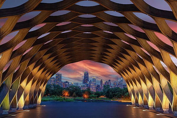 USA, Illinois, Chicago. Downtown skyline seen through the Education Pavilion in Lincoln Park. (Editorial Use Only)