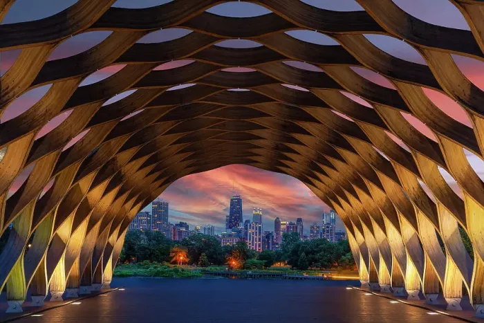 Framed Print : USA, Illinois, Chicago. Downtown skyline seen through the Education Pavilion in Lincoln Park. (Editorial Use Only)