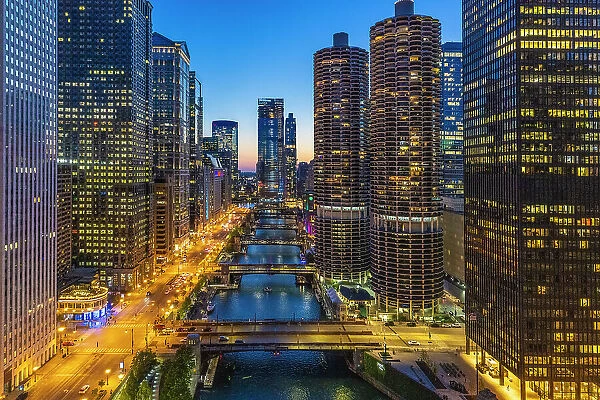 USA, Illinois, Chicago. Downtown at twilight. (Editorial Use Only)