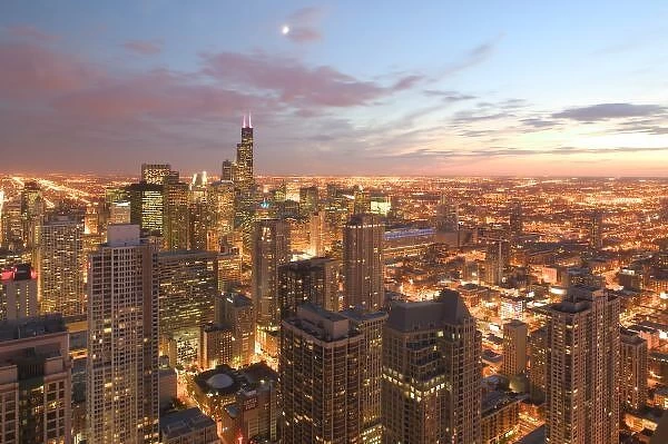 USA, Illinois, Chicago: Evening View of The Loop from the Park Hyatt Hotel
