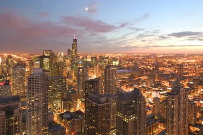 Framed Print : USA, Illinois, Chicago: Evening View of The Loop from the Park Hyatt Hotel