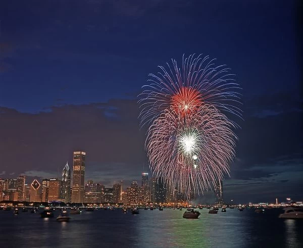 USA, Illinois, Chicago, Fourth of July fireworks over Monroe Harbor