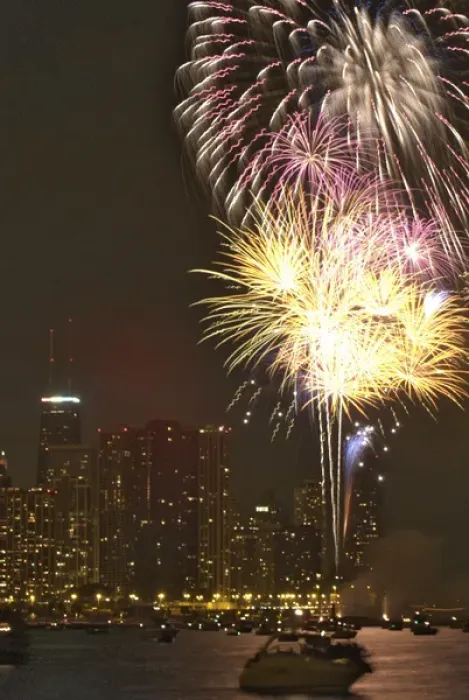 Framed Print : USA, Illinois, Chicago, Fourth of July fireworks over Monroe Harbor