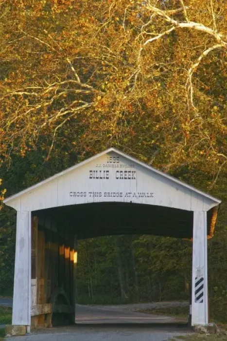 Framed Print : USA, Indiana, Billie Creek Village during the Covered Bridge Festival in fall