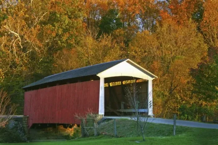 Framed Print : USA, Indiana, Billie Creek Village during the Covered Bridge Festival in fall Framed Print : USA, Indiana, Billie Creek Village during the Covered Bridge Festival in fall