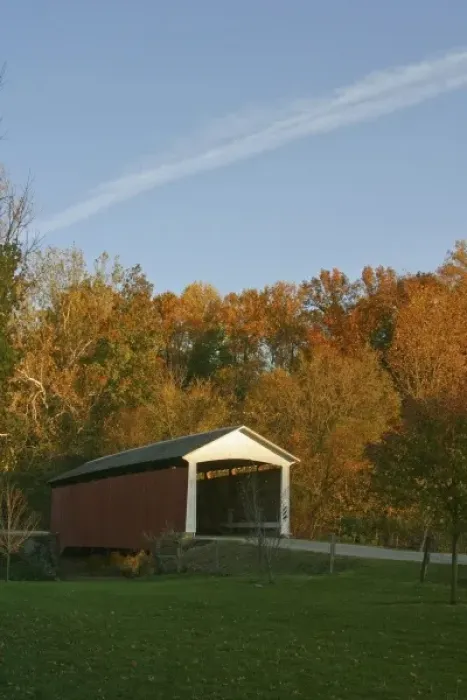 Framed Print : USA, Indiana, Billie Creek Village during the Covered Bridge Festival in fall