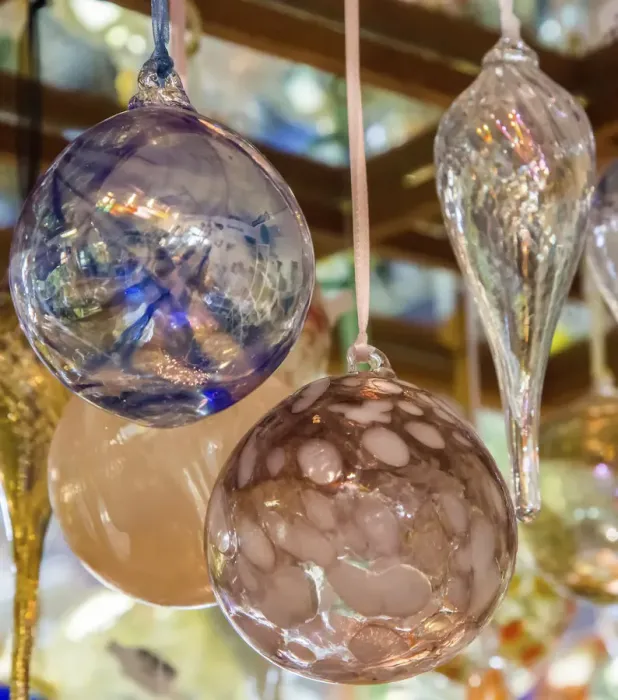 Framed Print : USA, Indiana. Hanging glass ornaments and baubles