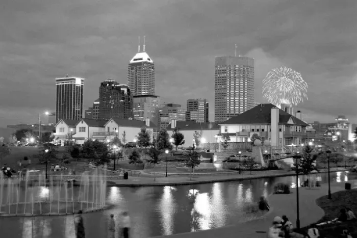 Framed Print : USA, Indiana, Indianapolis. City skyline with fireworks