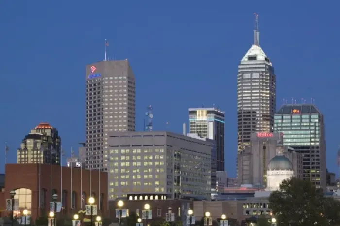 Framed Print : USA, Indiana, Indianapolis: City Skyline from White River Park / Evening Framed Print : USA, Indiana, Indianapolis: City Skyline from White River Park / Evening