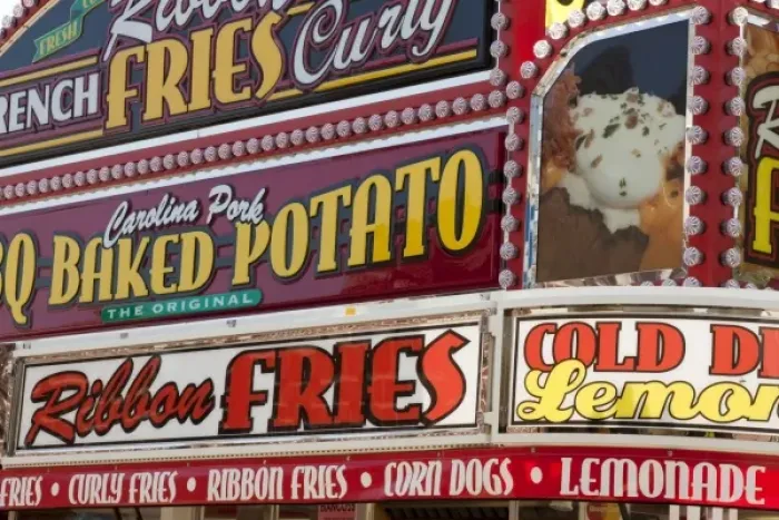Framed Print : USA, Indiana, Indianapolis. Food vendor signs at the Indiana State Fair
