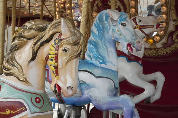 USA, Indiana, Indianapolis. Merry-go-round horses at the Indiana State Fair. Credit as