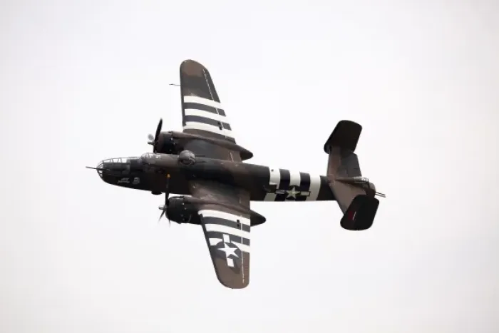 Framed Print : USA, Indiana, Indianapolis, Mount Comfort Airport. A vintage B-25 bomber warplane
