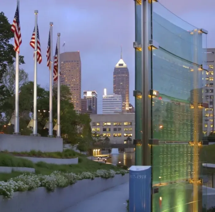 Framed Print : USA, Indiana, Indianapolis. View of downtown from the canal veterans memorial
