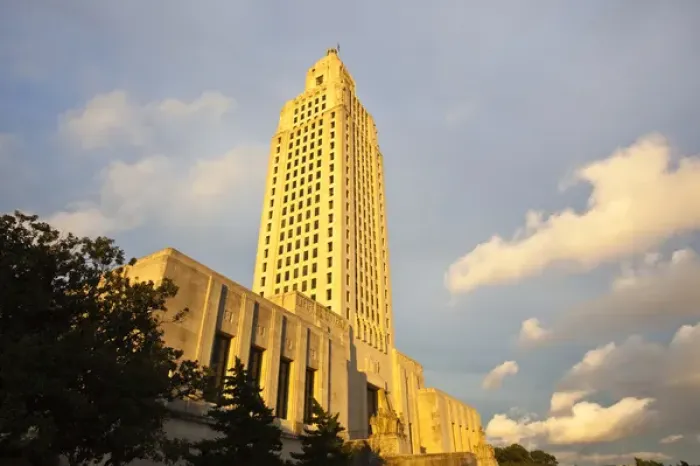 Framed Print : USA, Louisiana, Baton Rouge. Louisiana State Capitol, b. 1931, sunset