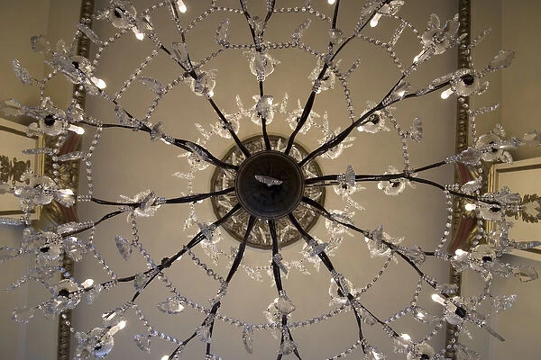 USA, Louisiana, New Orleans. An ornate chandelier in the lobby of Le Pavillon Hotel